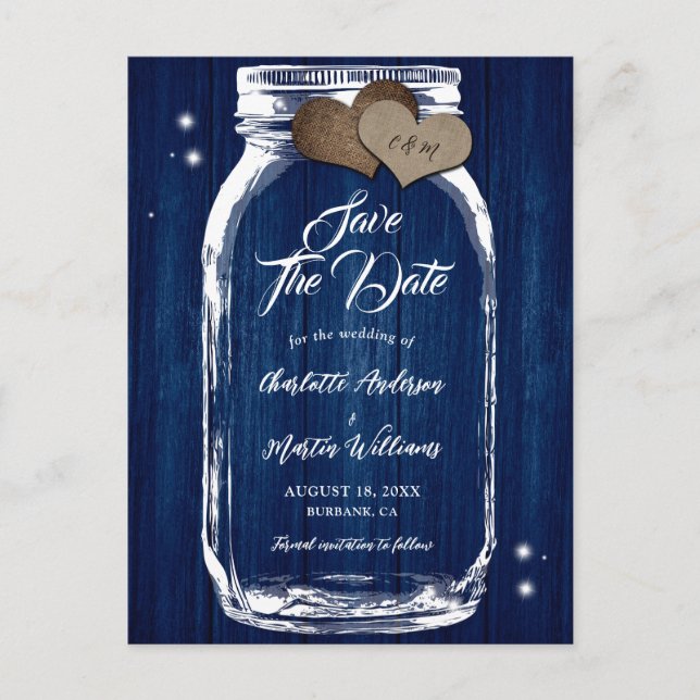 Postal De Anuncios Boda De Madera De La Marina Azul Mason Jar Salva L (Anverso)