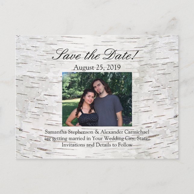 Postal De Anuncios Boda de Madera Rústica de Birch Tree Bark (Anverso)