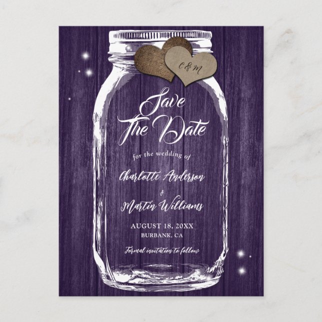 Postal De Anuncios Boda De Madera Rustica Morada Mason Jar Salva La F (Anverso)