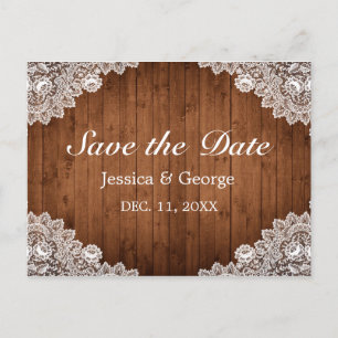 Postal De Anuncios Boda de Madera Rústica y Encaje Blanco