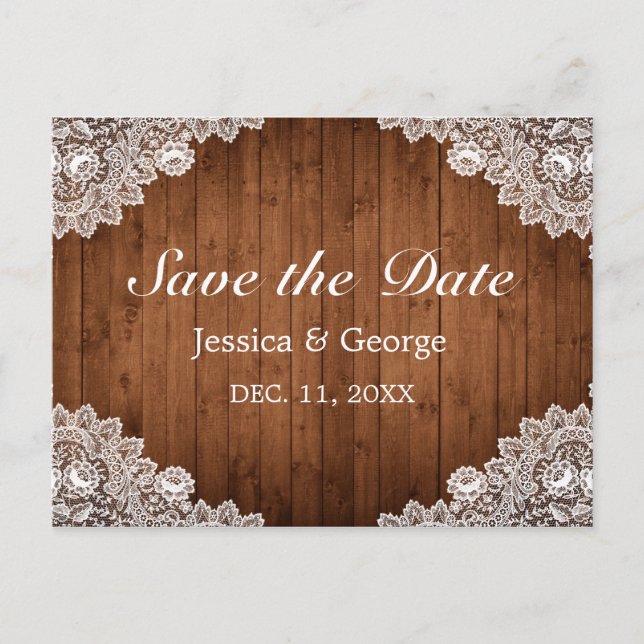 Postal De Anuncios Boda de Madera Rústica y Encaje Blanco (Anverso)