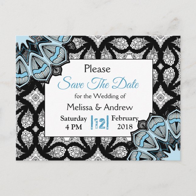 Postal De Anuncios Boda de Mandala negra y azul salva la fecha (Anverso)