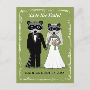 Postal De Anuncios Boda de Mapaches Guardar la Fecha Verde
