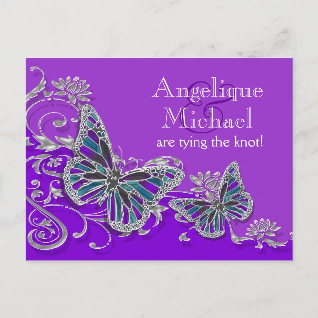 Postal De Anuncios Boda de mariposa azul plateada morada (Anverso)