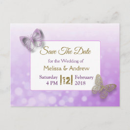 Postal De Anuncios Boda de Mariposa de Lavanda y Oro Save the Dates