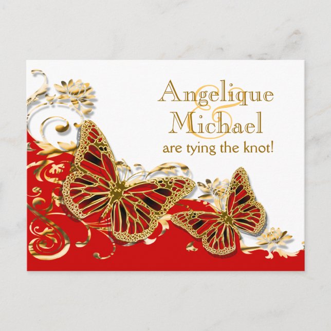 Postal De Anuncios Boda de mariposa de oro blanco rojo (Anverso)