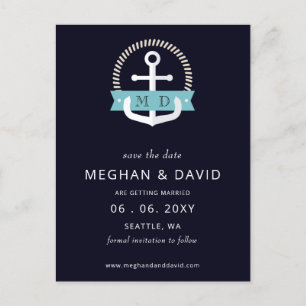 Postal De Anuncios Boda de Monograma Náutico de la Marina Moderna Aho