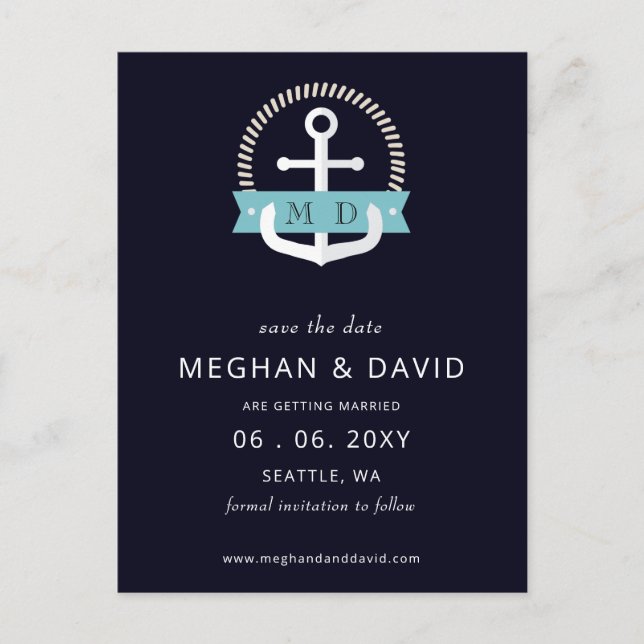 Postal De Anuncios Boda de Monograma Náutico de la Marina Moderna Aho (Anverso)