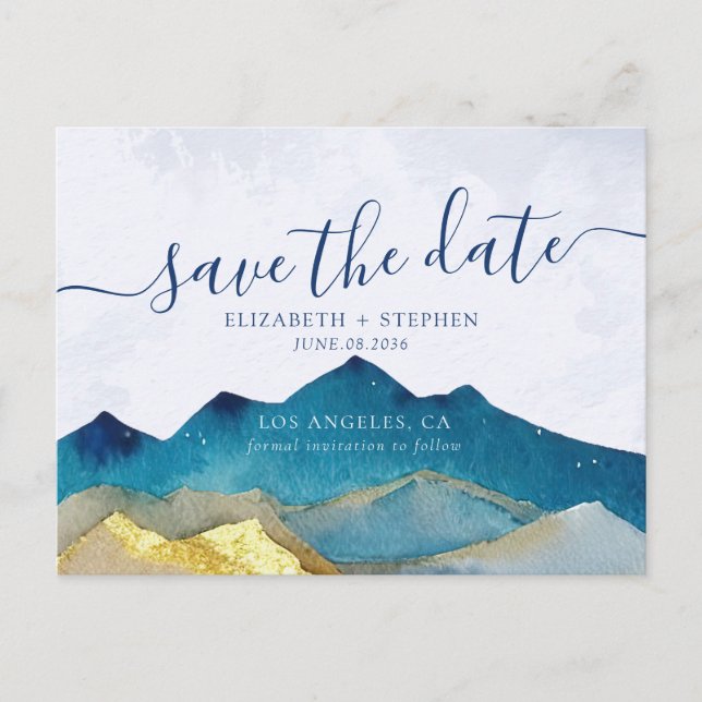 Postal De Anuncios Boda de Montañas Relieve metalizado dorado Foto Gu (Anverso)