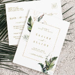 Postal De Anuncios Boda de oro de follaje tropical salva la fecha<br><div class="desc">Esta boda salva la tarjeta de invitación de fecha con follaje tropical color agua verde,  hojas de palmera,  hojas de plátano con un marco rectangular dorado. Es perfecto para una boda de playa o destino. >>> Vea toda la colección >> https://www.zazzle.com/collections/tropical_foliage_gold_collection-119316977990783186</div>
