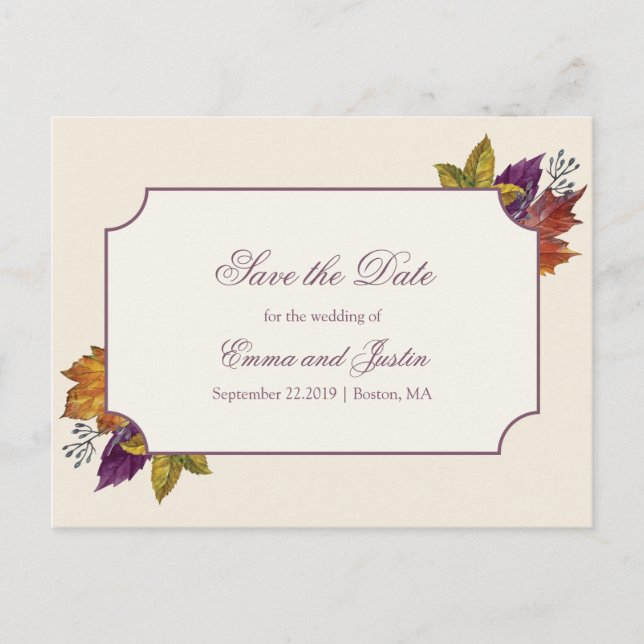Postal De Anuncios Boda de Otoño Acuarela Hojas Save the Date (Anverso)