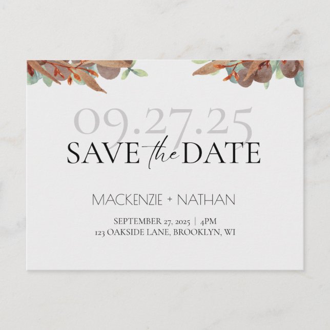 Postal De Anuncios Boda de Otoño con Follaje Moderno de Otoño Guardar (Anverso)