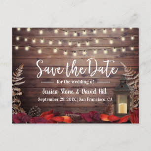 Postal De Anuncios Boda de otoño de hojas y farolas salva la fecha