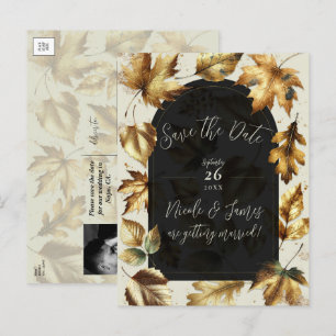 Postal De Anuncios Boda de Otoño Glam Negro y Almendra con Hojas Dora