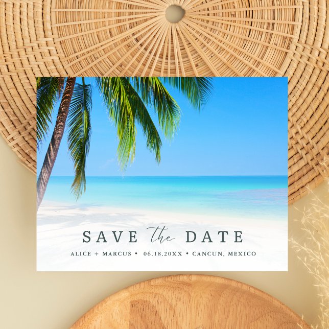 Postal De Anuncios Boda de Palma Tropical de Playa Presupuesto Guarde (Beach Tropical Palm Wedding Budget Save the Date)