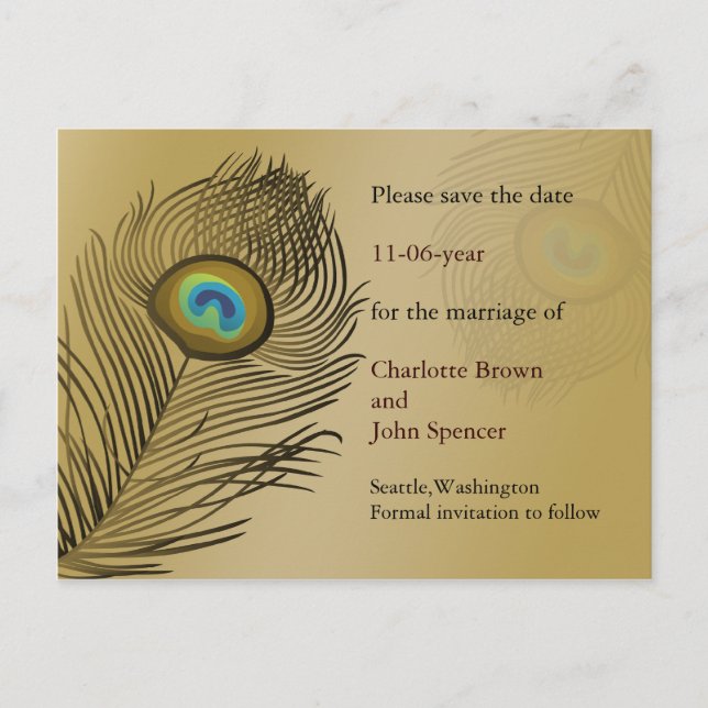 Postal De Anuncios boda de pavo real dorado excepto la fecha (Anverso)