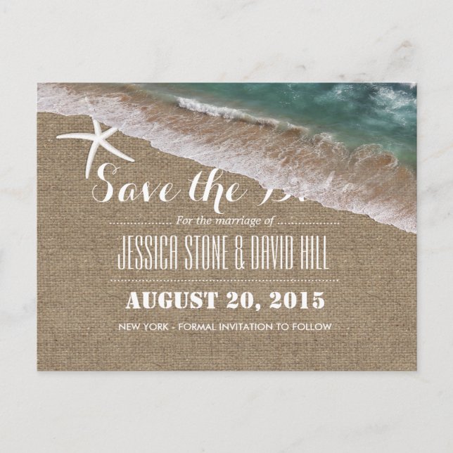 Postal De Anuncios Boda de Playa Burlap & Starfish Save the Date (Anverso)