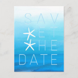 Postal De Anuncios Boda de Playa con Acuarela Azul Guardar la Fecha