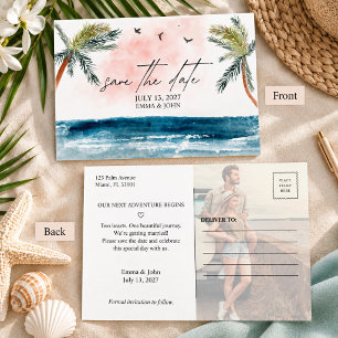 Postal De Anuncios Boda de playa con palmera al agua: guarde la fecha