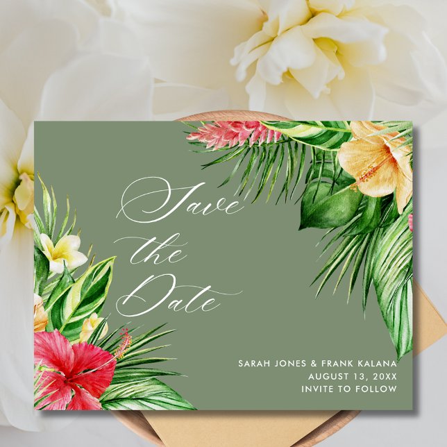 Postal De Anuncios Boda de playa Floral tropical Salven la fecha (Beach Wedding Tropical Floral Save the Date Postcard)