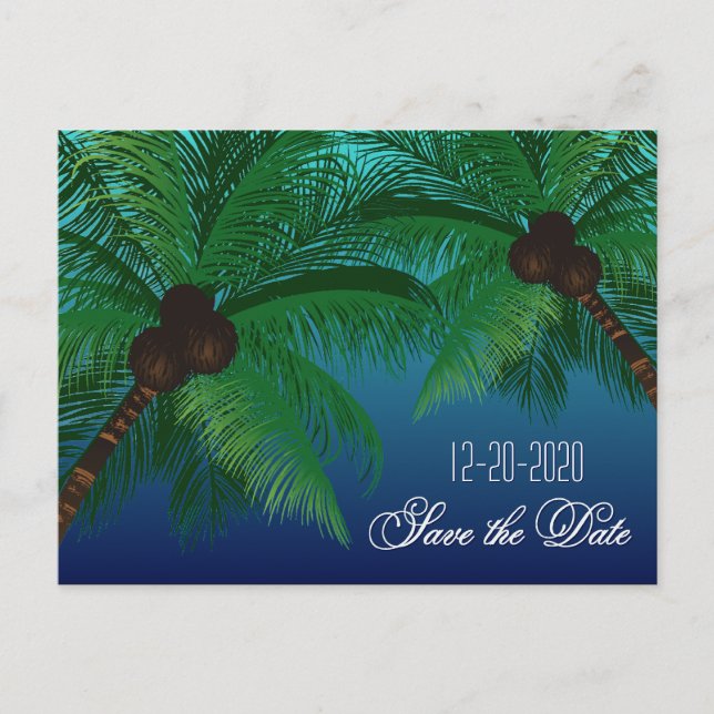 Postal De Anuncios Boda de Playa Tropical Palm Tree Save the Dates (Anverso)