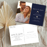 Postal De Anuncios Boda de presupuesto de foto azul de la Marina salv<br><div class="desc">Invite a sus seres queridos a su día especial con esta moderna foto azul marino salve la postal de fecha. Con una moda de diseño contemporáneo, esta postal es la manera perfecta de anunciar a su próximo boda y pedirle a su familia y amigos que reserven su fecha de boda....</div>