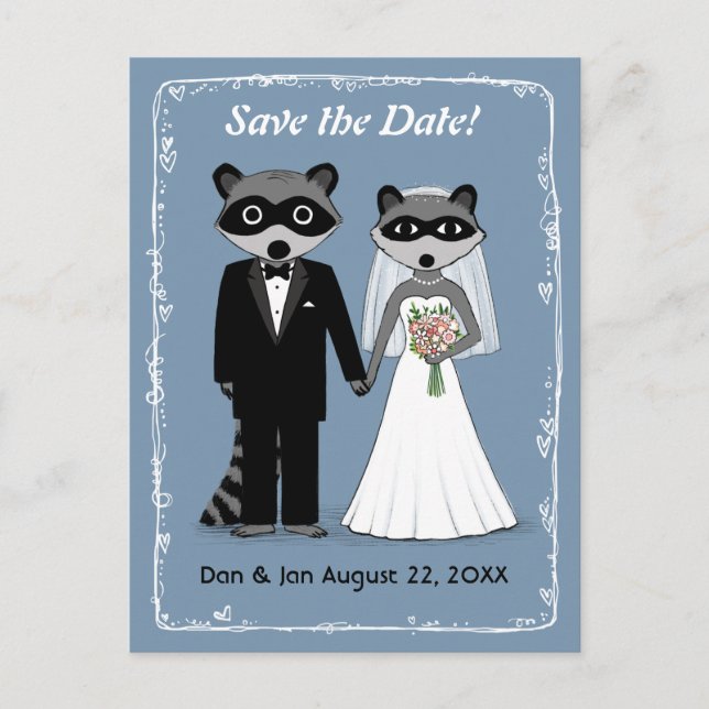 Postal De Anuncios Boda de Raccoons Guardar la fecha azul (Anverso)