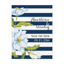 Boda de rayas azules oscuras y flores Save the Dat