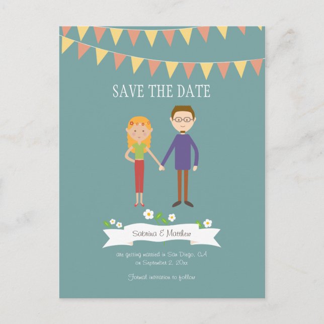 Postal De Anuncios Boda de retrato de pareja Personalizado ilustrado (Anverso)
