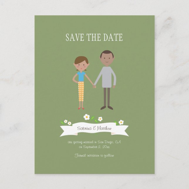 Postal De Anuncios Boda de retrato de pareja Personalizado ilustrado (Anverso)