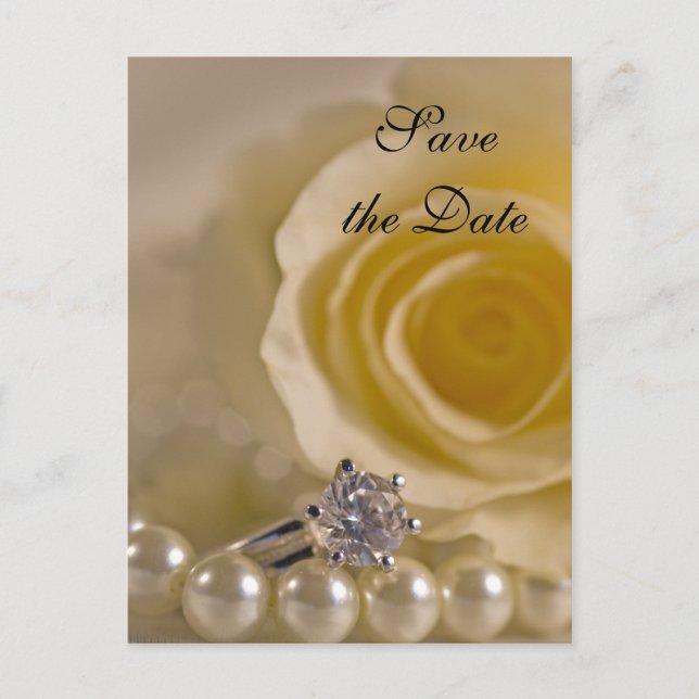 Postal De Anuncios Boda de Rosa Blanca y Perlas Guardar la Fecha (Anverso)