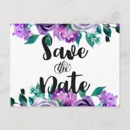 Postal De Anuncios Boda de Rosa floral morada y menta salva la fecha