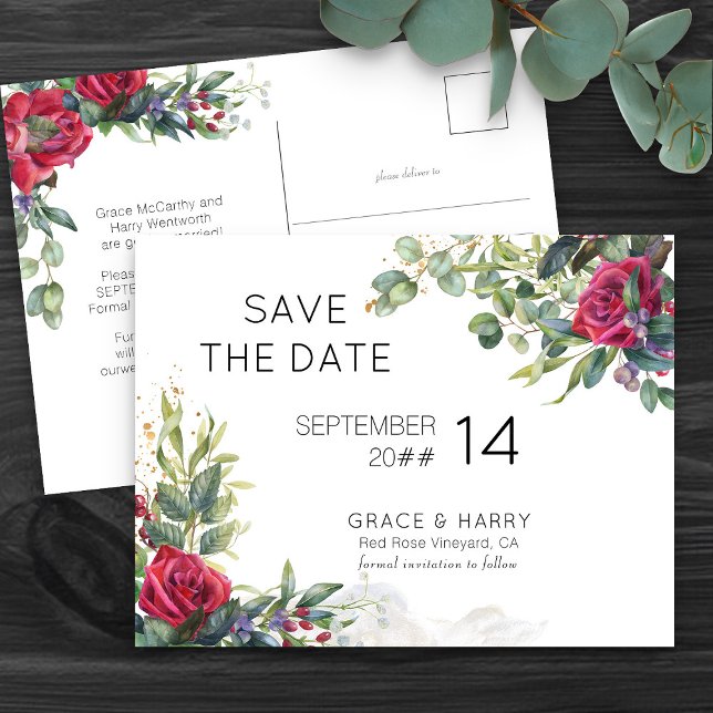 Postal De Anuncios Boda de Rosa Roja Guardar la Fecha (Save the Date Postcard with romantic red roses, from my Red Rose and Eucalyptus Wedding Collection)