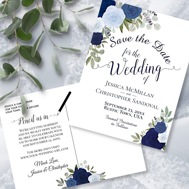Postal De Anuncios Boda de Rosas Azules y Navy Elegantes - Guardar la (Subido por el creador)