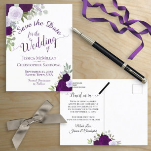 Postal De Anuncios Boda de rosas púrpuras ciruela elegante Ahorra la 