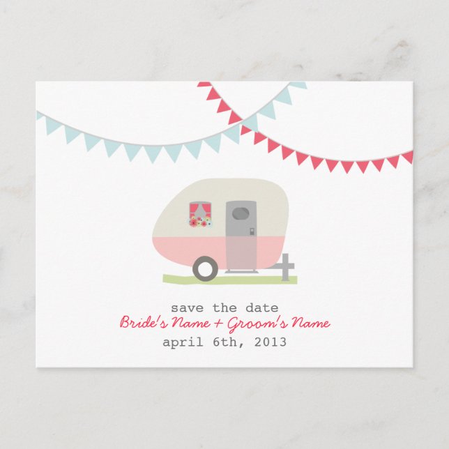Postal De Anuncios Boda De Trailer De Retro Rosado Guardar La Postcar (Anverso)