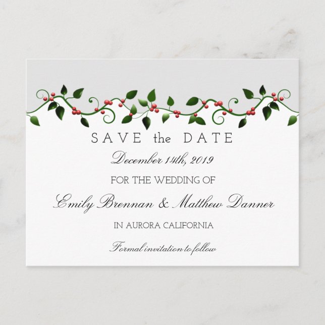 Postal De Anuncios Boda de vacaciones de invierno Holly Berry Save th (Anverso)