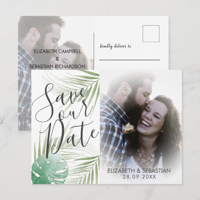 Postal De Anuncios Boda de vegetación con guión tropical Guardar la f (Anverso / Reverso)