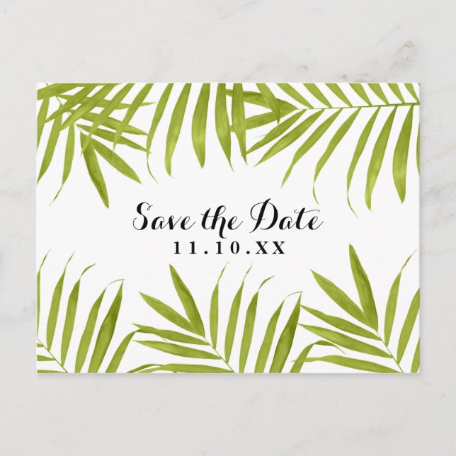 Postal De Anuncios Boda de verano de hojas tropicales salva la fecha (Anverso)
