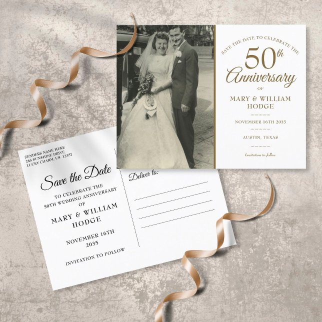 Postal De Anuncios boda del 50° aniversario Foto Salven la fecha (50th Anniversary Wedding Photo Save The Date Announcement Postcard)