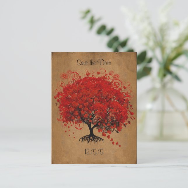 Postal De Anuncios Boda del Árbol Rojo Guardar la Fecha (Anverso de pie)