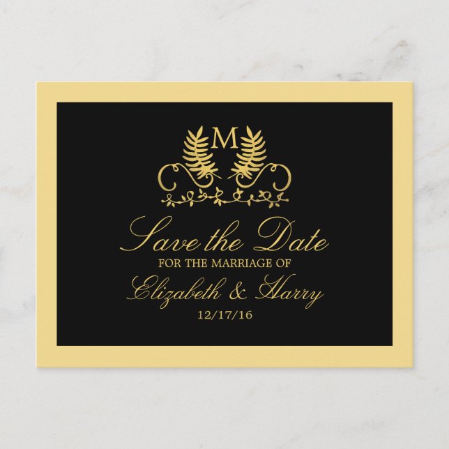 Postal De Anuncios Boda del Emblema Floral Dorada Salva La Fecha (Anverso)