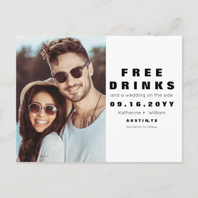 Postal De Anuncios Boda Divertida Bebidas Gratis Foto Guarde la Fecha (Anverso)