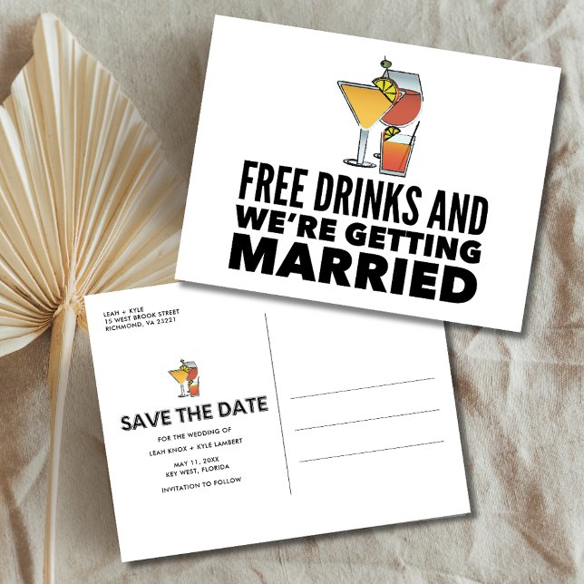 Postal De Anuncios Boda divertida de bebidas gratis salva la fecha (Funny Free Drinks Wedding Save the Date Announcement Postcard)