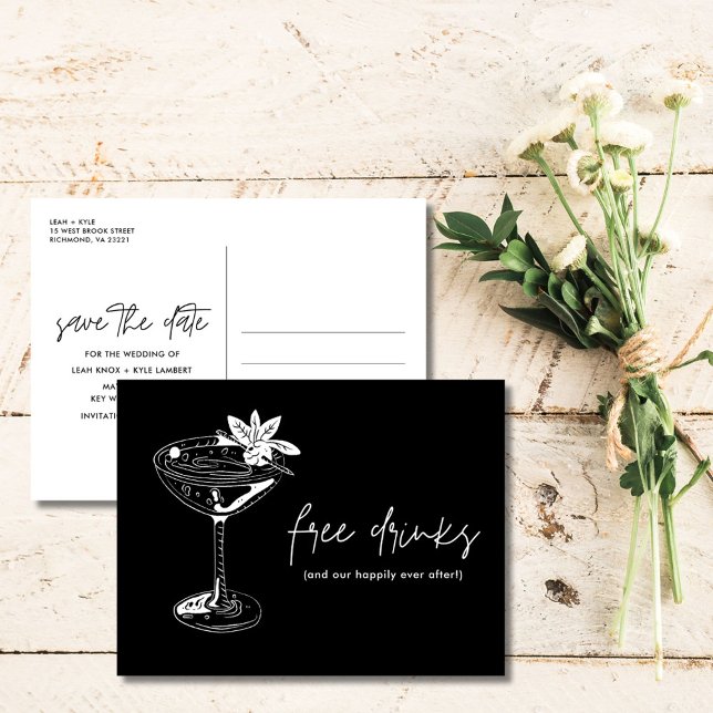 Postal De Anuncios Boda divertida de bebidas gratis salva la fecha (Funny Free Drinks Wedding Save the Date)