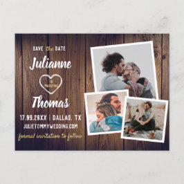 Postal De Anuncios Boda Económica con Colaje de Fotos de Madera Rústi