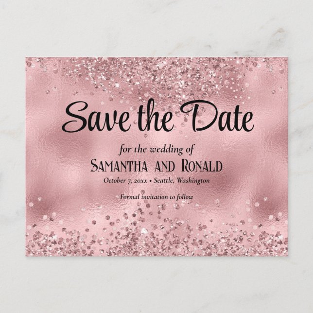 Postal De Anuncios Boda elegante con purpurina y lámina de rosa falsa (Anverso)