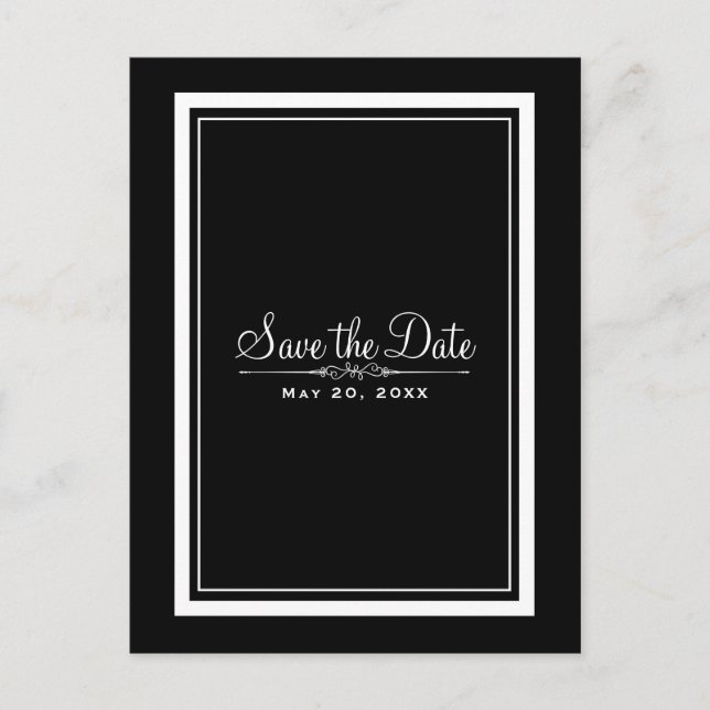 Postal De Anuncios Boda elegante en blanco y negro, guárdala fecha (Anverso)