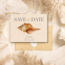 Boda en destino de playa con conchas Save the Date