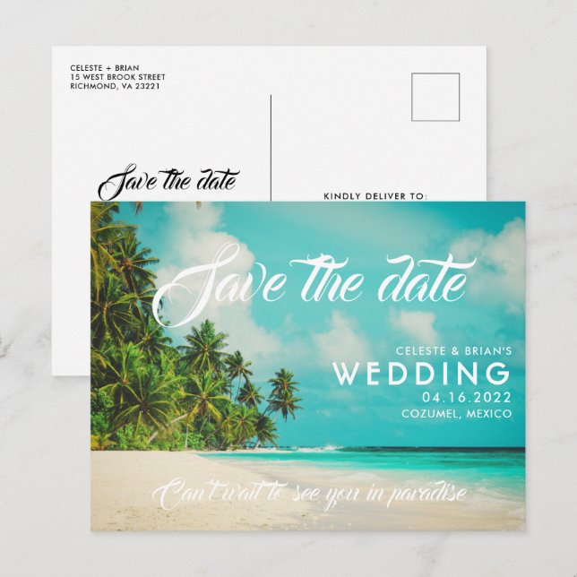 Postal De Anuncios Boda en destino de playa paradisíaco - Guárdala la (Anverso / Reverso)